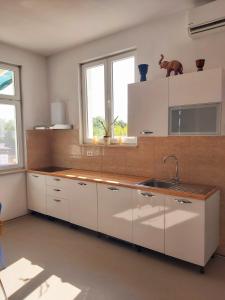 a kitchen with white cabinets and a sink at Apartman Brina in Kanfanar