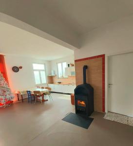 a living room with a stove and a table at Apartman Brina in Kanfanar