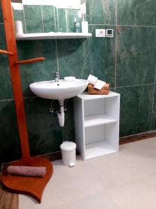 ein Badezimmer mit einem weißen Waschbecken und einer grünen Wand in der Unterkunft Apartman Brina in Kanfanar