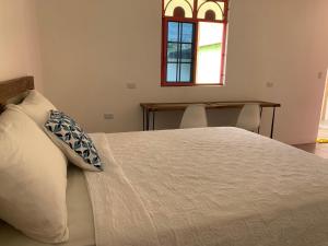 een slaapkamer met een bed met een kussen en een raam bij El Chirris Tzanjay in San Juan La Laguna