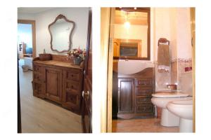 Duas fotografias de uma casa de banho com um lavatório e um WC. em El Balcón del Campillín em Oviedo