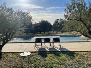 a table and two chairs in front of a pool at Les micocouliers in Lagnes