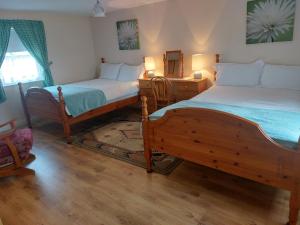 1 dormitorio con 2 camas individuales y espejo en Drumaneir Cottage, en Carrickmore
