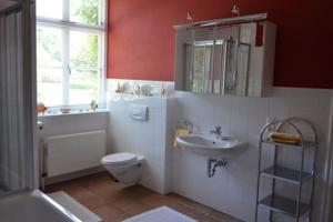 a bathroom with a toilet and a sink and a tub at Marstall Gut Güldenstein Ganzes Haus 13 Pers Kamin in Harmsdorf