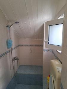 ein Bad mit einer Dusche und einem Waschbecken in der Unterkunft Persefoni's Room in Nea Kios