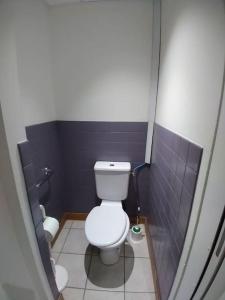 - une salle de bains avec des toilettes blanches dans une cabine dans l'établissement Comme à la maison !, à Chavanoz