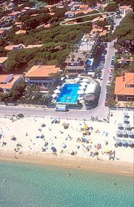 una vista aerea di una spiaggia con ombrelloni e acqua di Appartamenti Casa Pineta a Marina di Campo