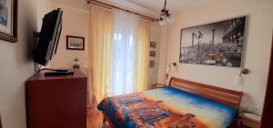 a bedroom with a bed and a television and a window at ILIADA Apartment in Litochoro