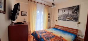 a bedroom with a bed and a television and a window at Apartments Iliada in Litochoro