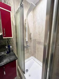 a bathroom with a shower with a tub and a sink at House in the center of Kadikoy in Istanbul
