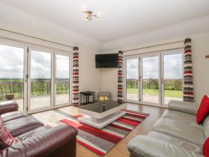 a living room with a couch and a tv and windows at Rectory Farm View in Queen Camel