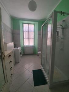 La salle de bains verte est pourvue d'une douche et de toilettes. dans l'établissement Rosa&Mario Lake House, à Verbania