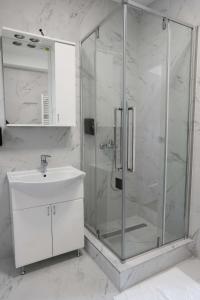 een badkamer met een glazen douche en een wastafel bij Key Apartments in Novi Sad