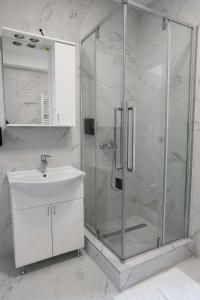 Un baño con ducha de cristal y lavabo. en Key Apartments, en Novi Sad 8 fotos más