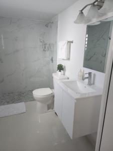 a white bathroom with a toilet and a sink at San Juan Home in San Juan