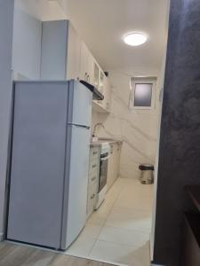 Una cocina con un refrigerador blanco en una habitación. en stan Slavija, en Sajmište 3 fotos más