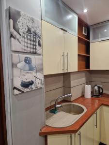 a kitchen with white cabinets and a sink at PrzyMorze, Park i czas nad Zatoką - doskonałe miejsce na wygodny i udany urlop w Trójmieście in Gdańsk
