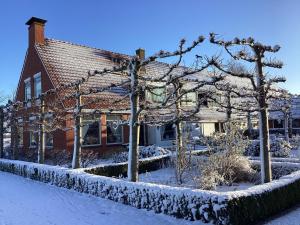 uma casa com árvores na neve em frente em Welcoming holiday home in Donkerbroek with parking em Donkerbroek