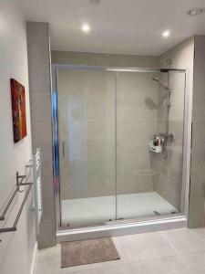a shower with a glass door in a bathroom at Art deco lodging in London in Hayes