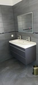 La salle de bains est pourvue d'un lavabo blanc et d'un miroir. dans l'établissement Gîte Nature et Calme du Travers, à Valaurie
