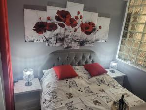 een slaapkamer met een bed met rode kussens en 2 tafels bij Apertment Wenus in Zabrze