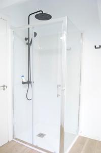 um chuveiro com uma porta de vidro na casa de banho em Apartamento FERROL VELLO II em Ferrol