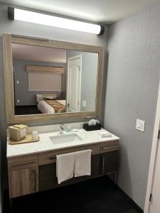 a bathroom with a sink and a large mirror at Quality Inn Chico in Chico