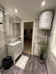 uma casa de banho com um lavatório e um espelho grande em Solbergs, fint attefallshus i Vik, Åre em Åre