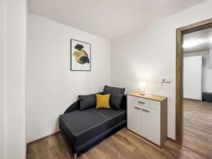 ein Wohnzimmer mit einem schwarzen Sofa und einem Spiegel in der Unterkunft Apartment KATRIN 2 in Karlsbad