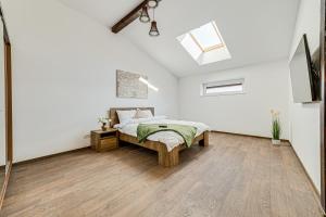 a bedroom with a bed and a skylight at ARI Central Skyview Apartment in Arad