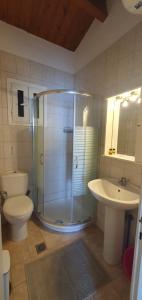 uma casa de banho com um chuveiro, um WC e um lavatório. em Glyfada Seaview 126 em Glyfáda