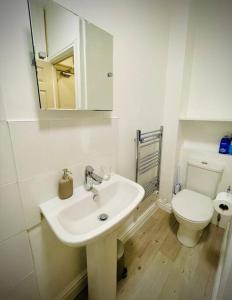 a bathroom with a white sink and a toilet at Newly refurbished, central apartment with permit parking in Bath