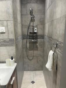 uma casa de banho com um chuveiro e um lavatório. em Appartement confortable Olympic games JO24 em Aubervilliers
