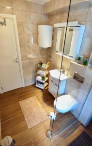 małą łazienkę z umywalką i lustrem. w obiekcie Ema apartman - Zlatar w mieście Nova Varoš