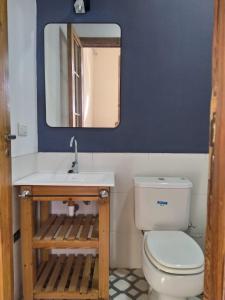 a bathroom with a white toilet and a mirror at La Soñada in La Paz
