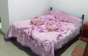 uma cama com uma colcha roxa com dois sapatos em Miguel Departamentos 2 em Puerto Iguazú