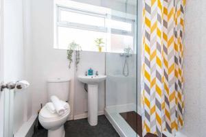 a bathroom with a toilet and a sink and a shower at Kingsway House in Coventry