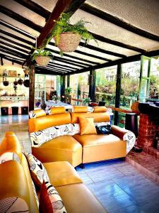 una sala de estar con sofás de cuero amarillo en Cabaña del Vitruvio cerca termales de Paipa en Paipa