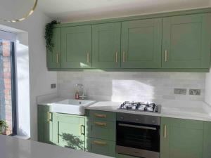 a kitchen with green cabinets and a sink at Modern Space 20 minutes from Dublin Airport in Dunboyne