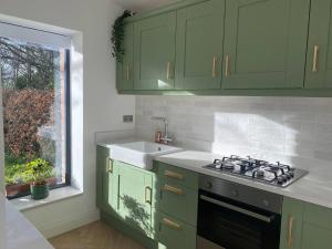 cocina con armarios verdes, fregadero y ventana en Modern Space 20 minutes from Dublin Airport, en Dunboyne