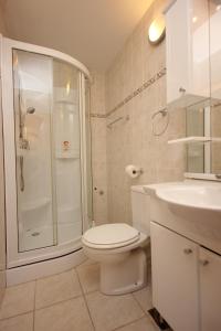a bathroom with a toilet and a shower and a sink at Rooms by the sea Vis - 3034 in Vis