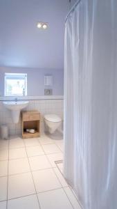 a bathroom with a toilet and a shower curtain at Sumner Surf Break Apt 1 in Christchurch