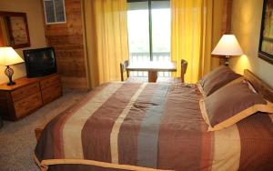 ein Schlafzimmer mit einem großen Bett und einem Fernseher in der Unterkunft Seven Springs Stoneridge 3 Bedroom Standard Condo - Ski-In Out, Pet Friendly! condo in Champion