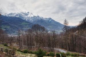 een met sneeuw bedekte berg in de verte met bomen en een hek bij Residence Joy Center in Villar Pellice