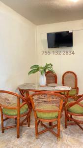 a dining room table with chairs and a vase with a plant at Casa ALOA Ixtapa in Ixtapa