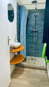 a bathroom with a sink and a shower at Cosy suite centre ville avec bain à remous in Pointe-à-Pitre