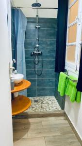 a bathroom with a shower and a sink at Cosy suite centre ville avec bain à remous in Pointe-à-Pitre