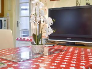 a table with a tv and a vase with flowers at East View in Shouldham