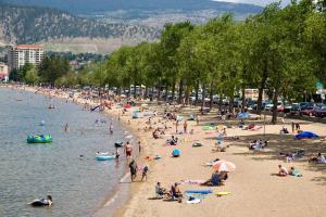 a group of people on a beach in the water at Central Penticton. Alongside KVR Trail. Freshly Renovated. Pet Friendly. in Penticton