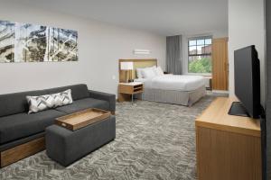 a hotel room with a bed and a couch and a television at Springhill Suites by Marriott Jackson North/Ridgeland in Ridgeland